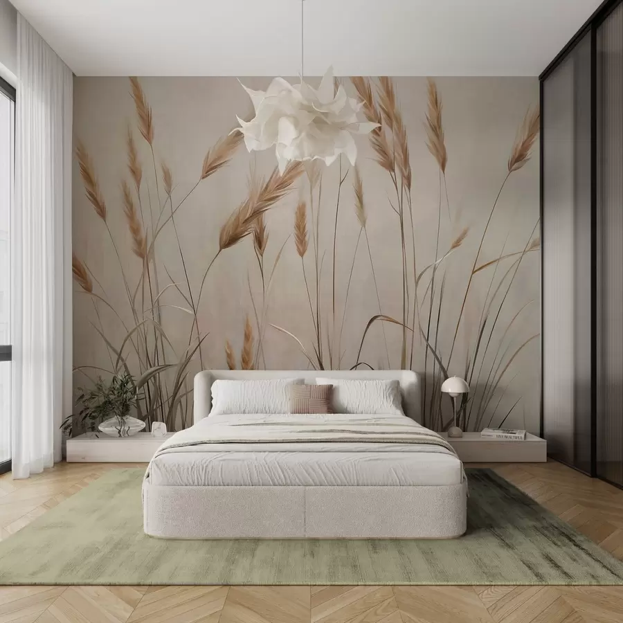 Fototapetai Kviečių tekstūruotas laukas su geltonomis varpomis, smėlio spalvos fonas, natūralus apšvietimas, šilti tonai, detalūs potėpiai w09493