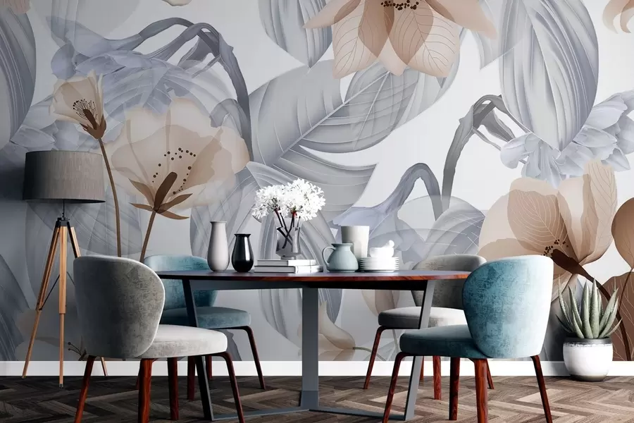 Fototapetai Rudos gėlės ir pilkos lapai, gėlių botaninis fonas, elegantiškas dizainas, švelnios spalvos, lengvos subtilios detalės w09497v1