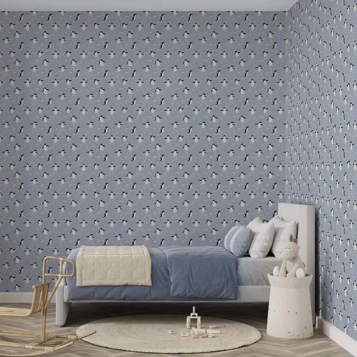 Tapetai Pingvinai ant pilkai mėlynos spalvos su pėdsakais a00655 Tapetai Pingvinai ant pilkai mėlynos spalvos su pėdsakais a00655