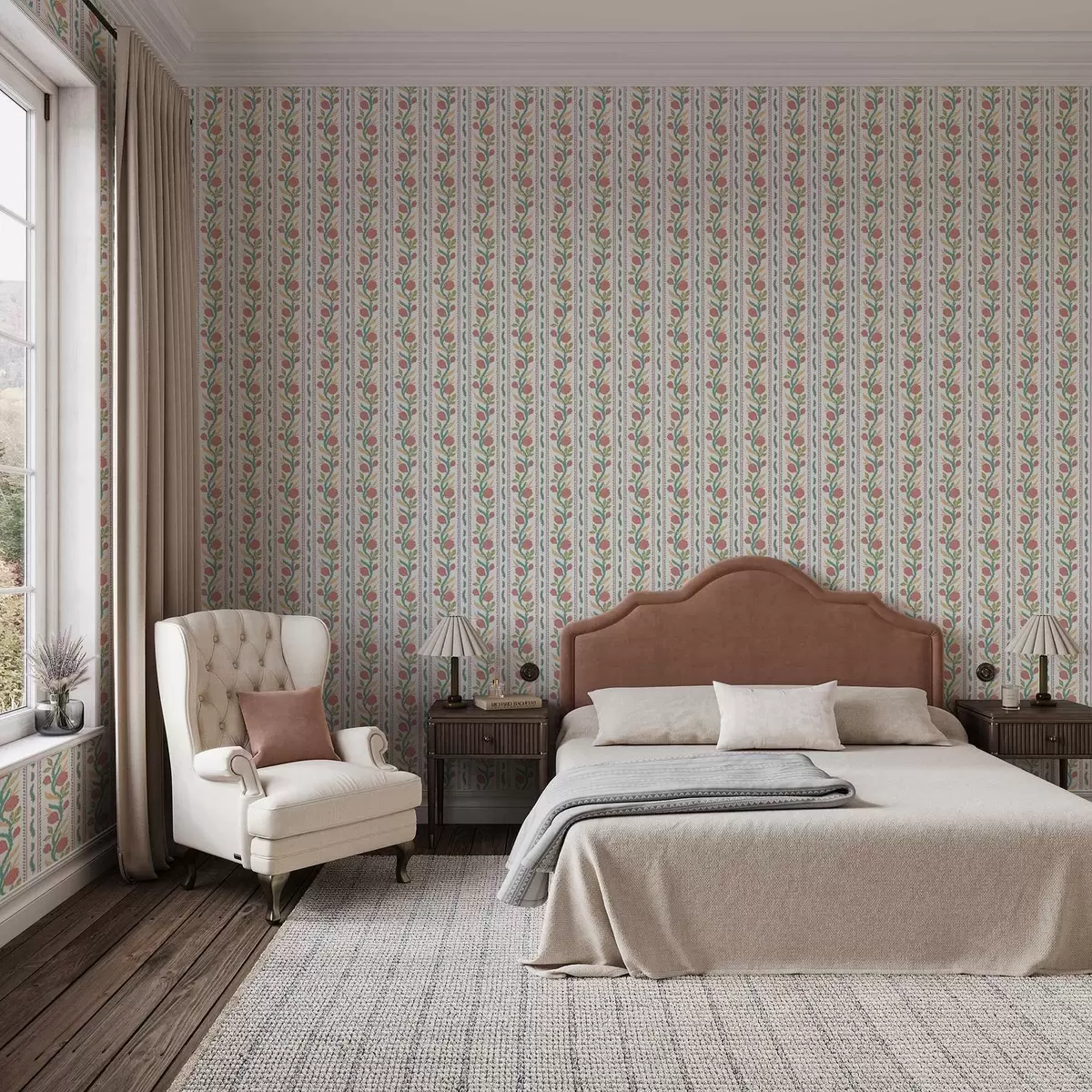 Tapetai Vertikalios juostos su koralų gėlėmis ir turkio spalvos lapais a00816