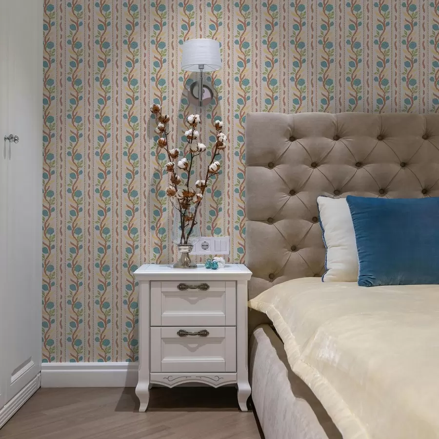 Fototapetai Vertikalios puokštės juostos su mėlynomis gėlėmis ant šilto fono a00816v3