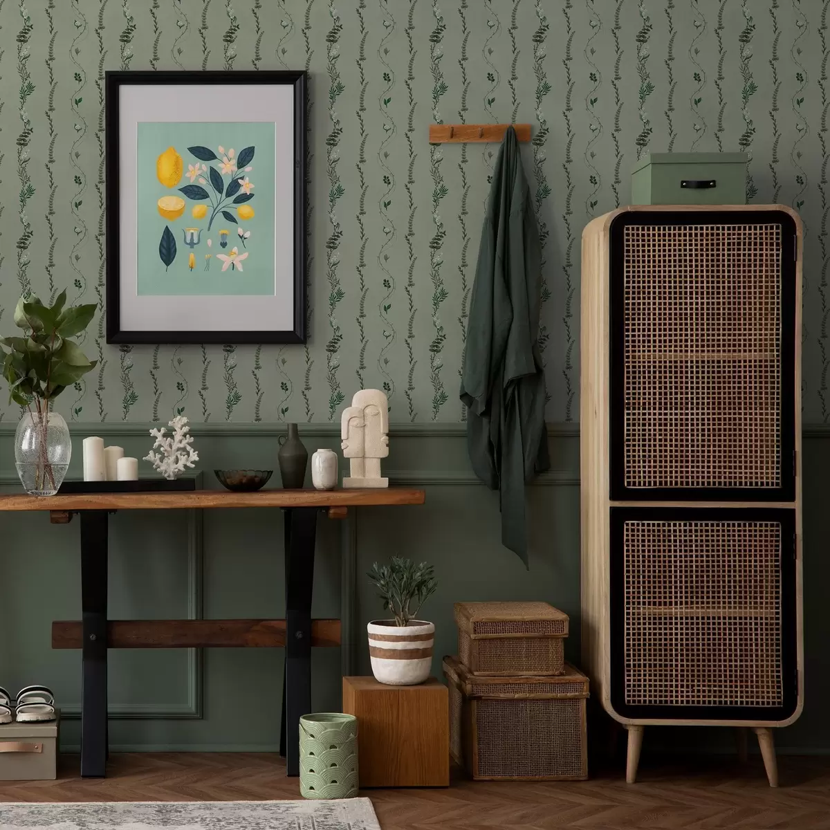 Tapetai Vertikalios vynmedžių šakos ir šakelės ant prislopintos žalios spalvos fono a00817v1 Tapetai Vertikalios vynmedžių šakos ir šakelės ant prislopintos žalios spalvos fono a00817v1