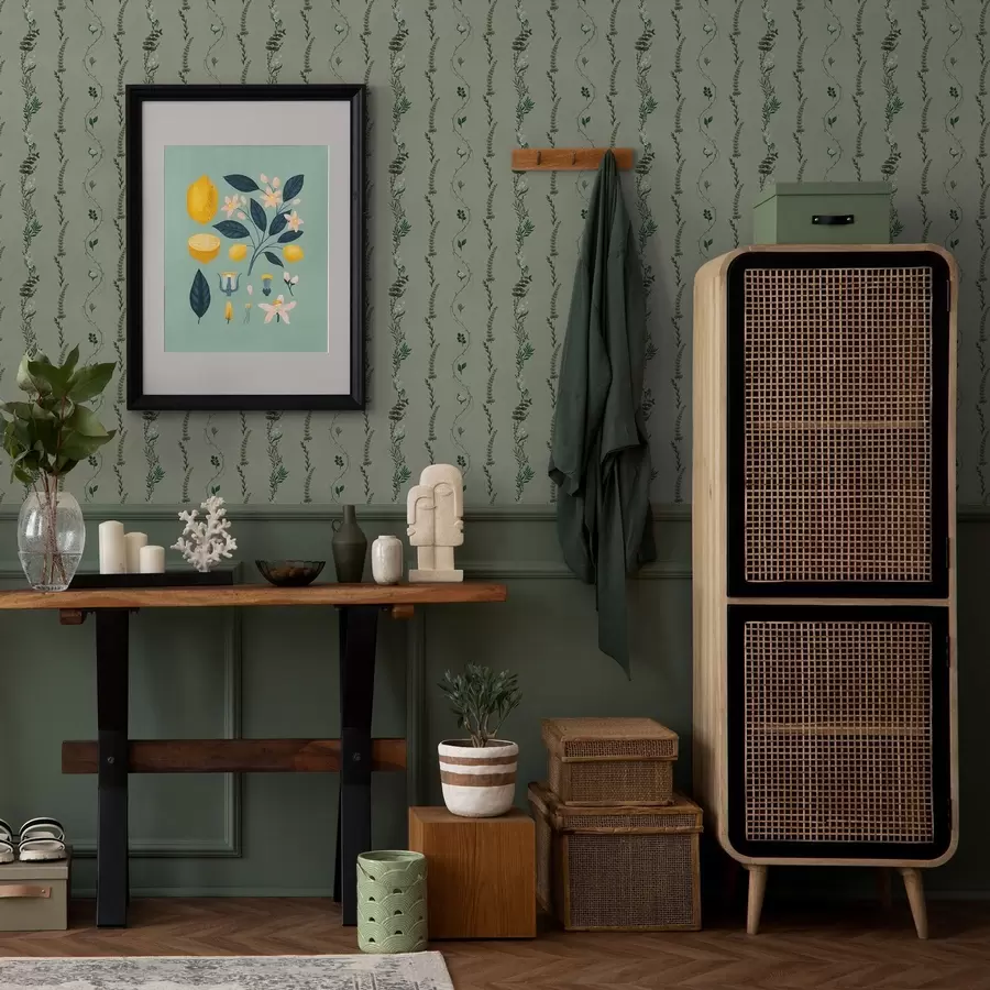 Fototapetai Vertikalios vynmedžių šakos ir šakelės ant prislopintos žalios spalvos fono a00817v1