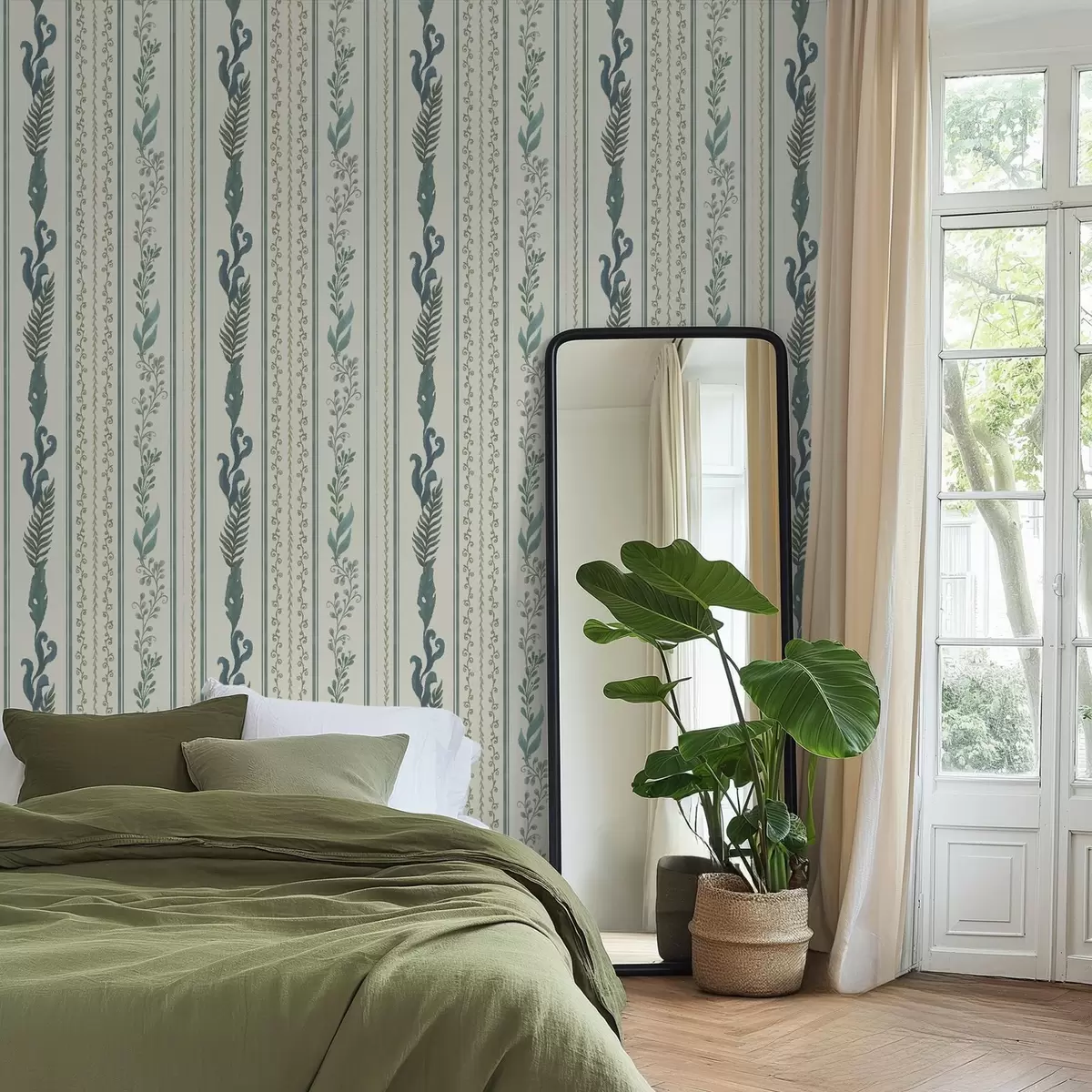 Tapetai Juostos su šakomis ir garbanomis ant šilto pieno spalvos fono a00823v2