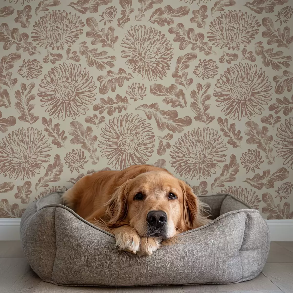 Tapetai Chrizantemos ir ąžuolo lapai švelnios smėlio-rudos spalvos a00840