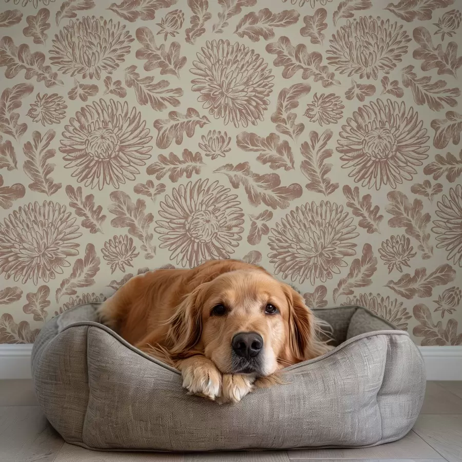 Fototapetai Chrizantemos ir ąžuolo lapai švelnios smėlio-rudos spalvos a00840