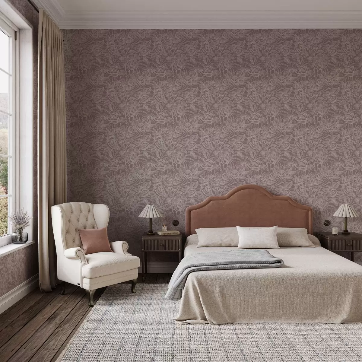 Tapetai Gravuotos rožės ant tamsiai pilkai rudos spalvos a00841