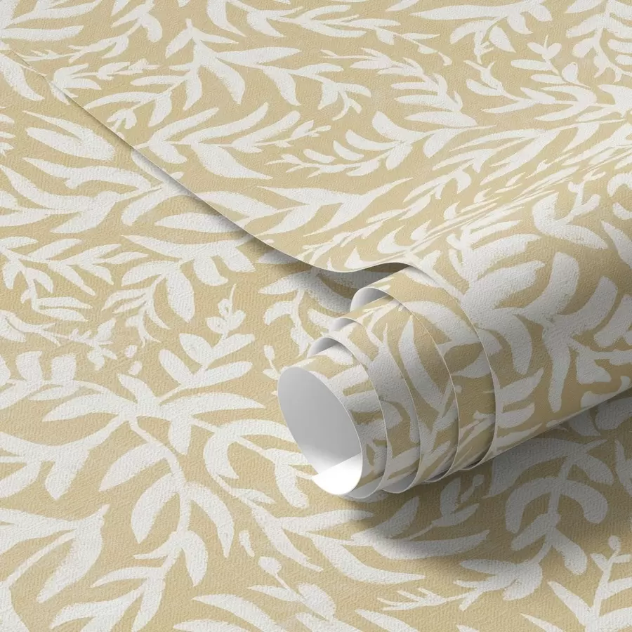 Fototapetai Balta lapų rašto šiltos ochros spalvos fone, sukasi ritmiškai a00845