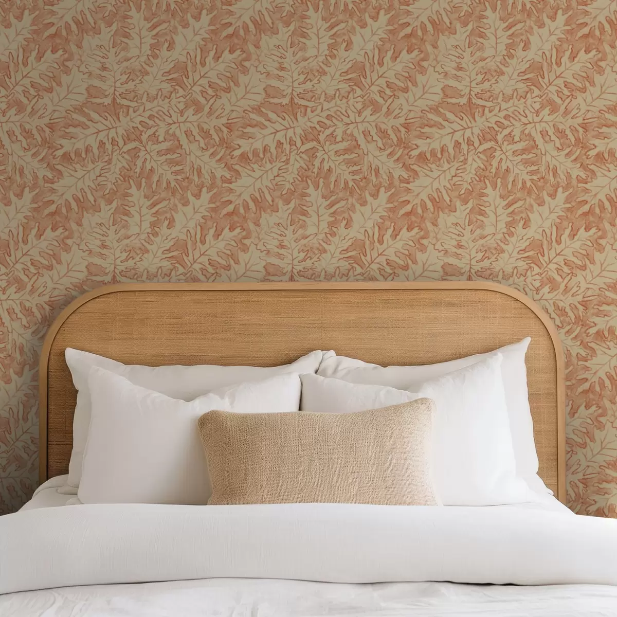 Tapetai Didelės ąžuolo lapai iš terakotos ant kreminės spalvos fono a00846