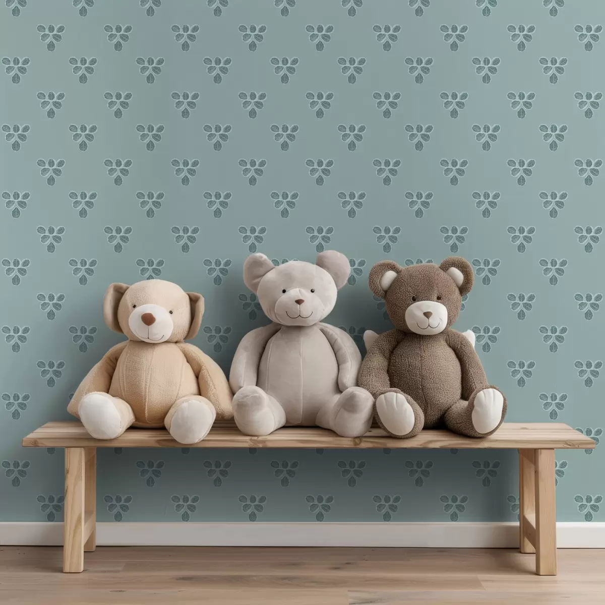 Tapetai Mažas pakartojimas: lapų trejetai ant vėsaus mėlyno fono a00848v1