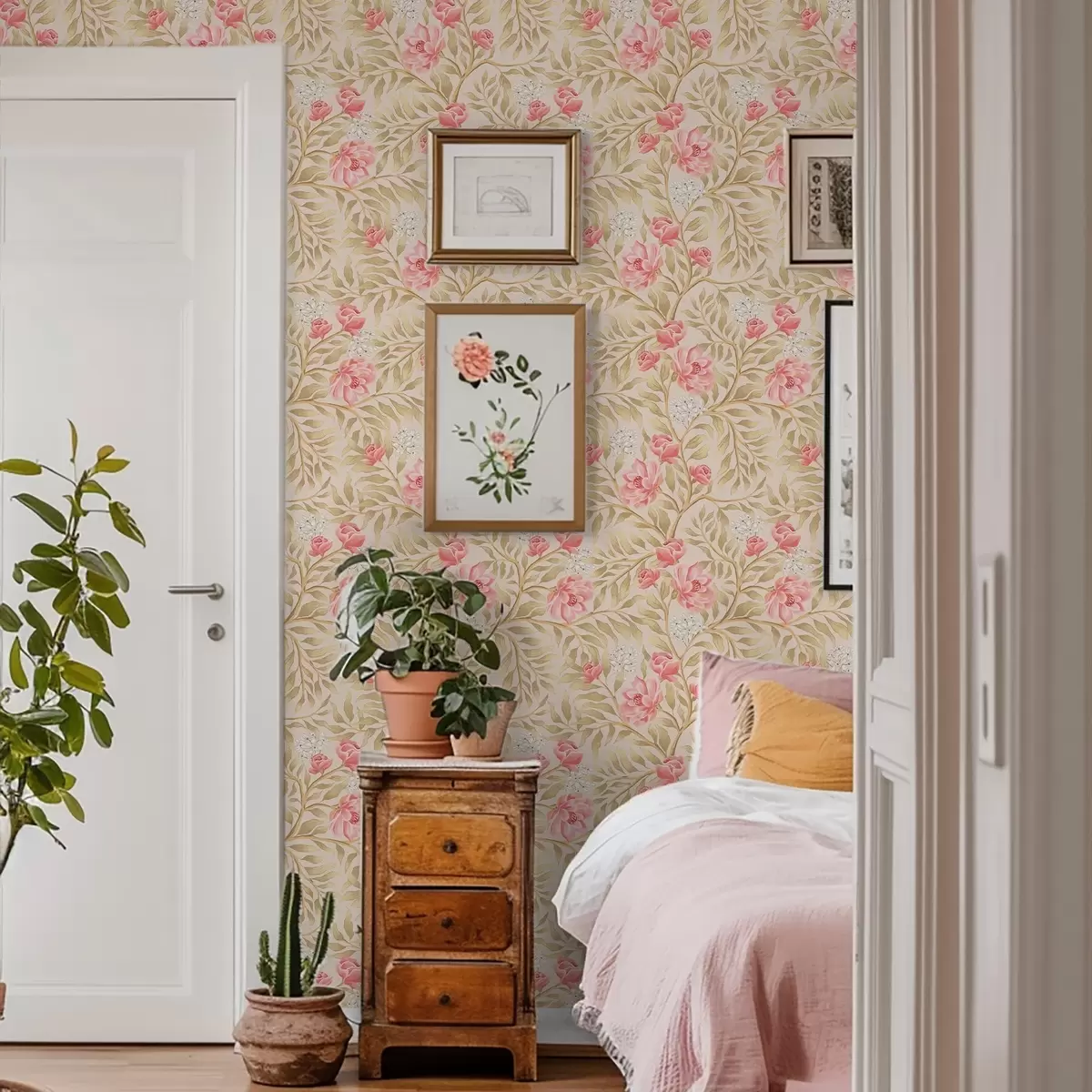 Tapetai Rožinės gėlės, balti žiedai ir ochros atspalvio lapai a00855 Tapetai Rožinės gėlės, balti žiedai ir ochros atspalvio lapai a00855