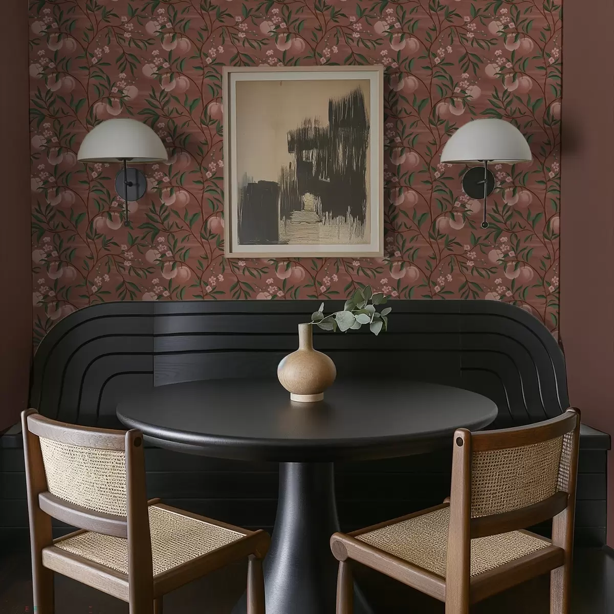 Tapetai Persikai ant šakų su rožiniais žiedais, terakotos fonas a00856