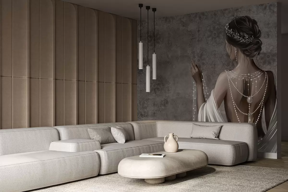 Fototapetai Moteris, matoma iš nugaros, su perlų vėriniais, pilkos spalvos akmens rašto fonas w04854 - Uwalls.lt Fototapetai Moteris, matoma iš nugaros, su perlų vėriniais, pilkos spalvos akmens rašto fonas w04854