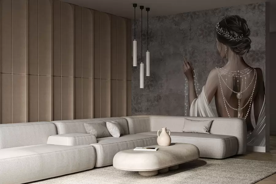 Fototapetai Moteris, matoma iš nugaros, su perlų vėriniais, pilkos spalvos akmens rašto fonas w04854