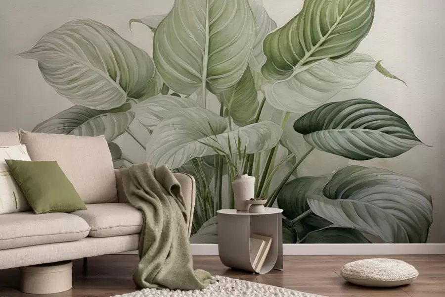 Fototapetai Sodrus žalios lapų krūmas ant sienos w04835