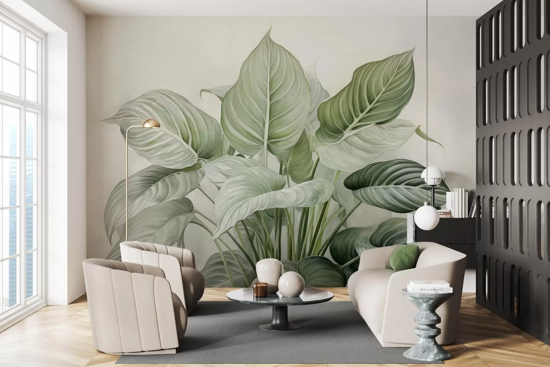 Fototapetai Sodrus žalios lapų krūmas ant sienos w04835