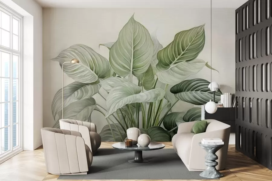 Fototapetai Sodrus žalios lapų krūmas ant sienos w04835