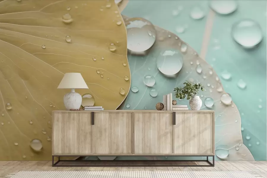 Fototapetai Vandens lašai ant lapų makro akvarelė w04838v1