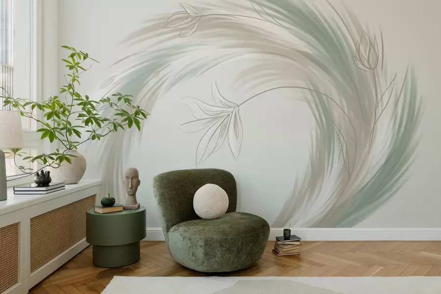 Fototapetai žalios ir smėlio spalvos plunksnos ir gėlės, rankų darbo w04816