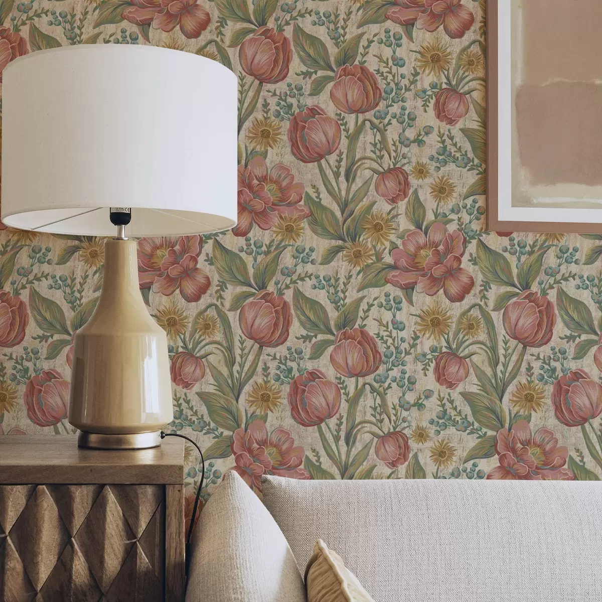 Tapetai Vintage tulipai ir astros, tekstūruotas kreminis fonas a00773