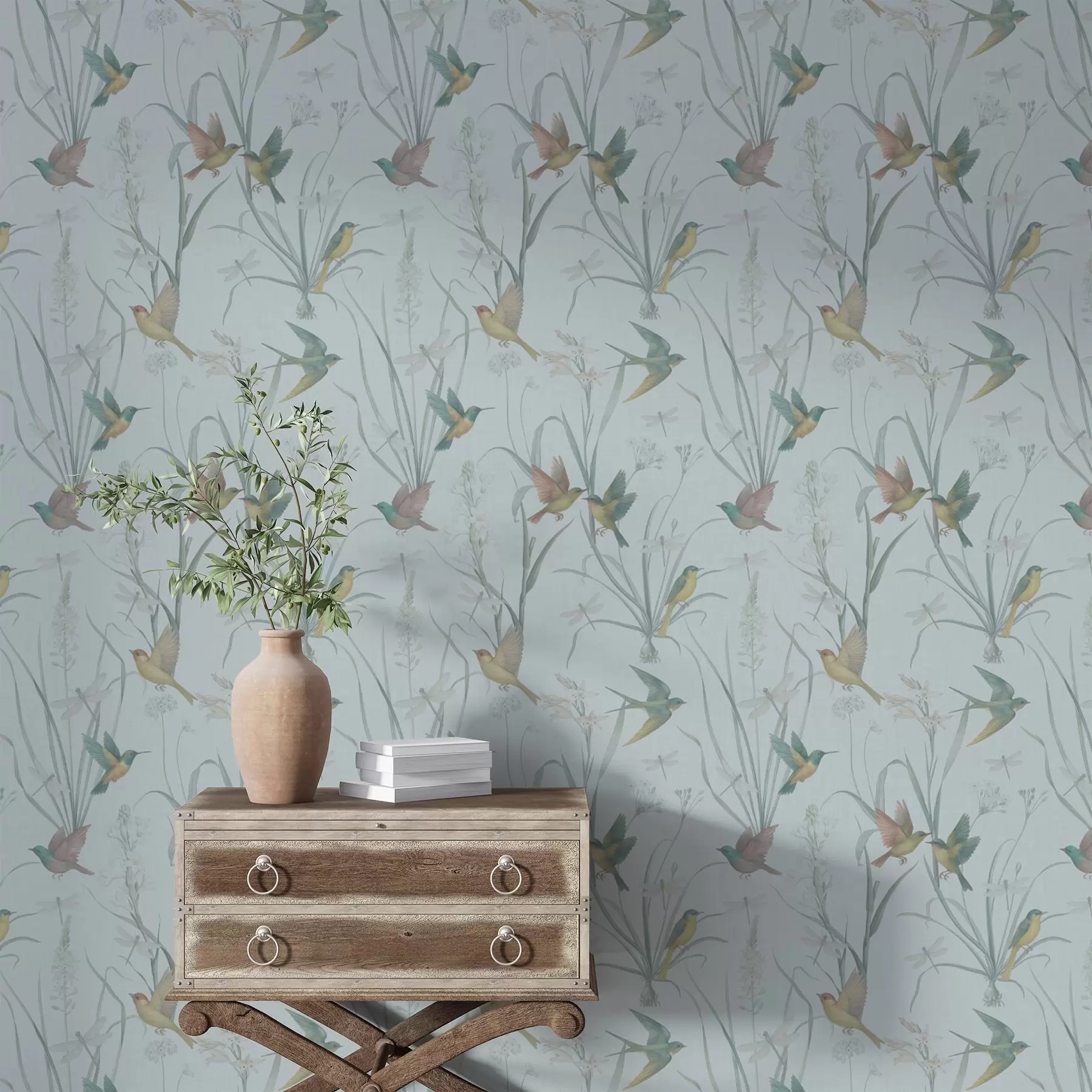 Fototapetai Paukščiai tarp pievos žolės ant pilkai mėlyno fono a00776