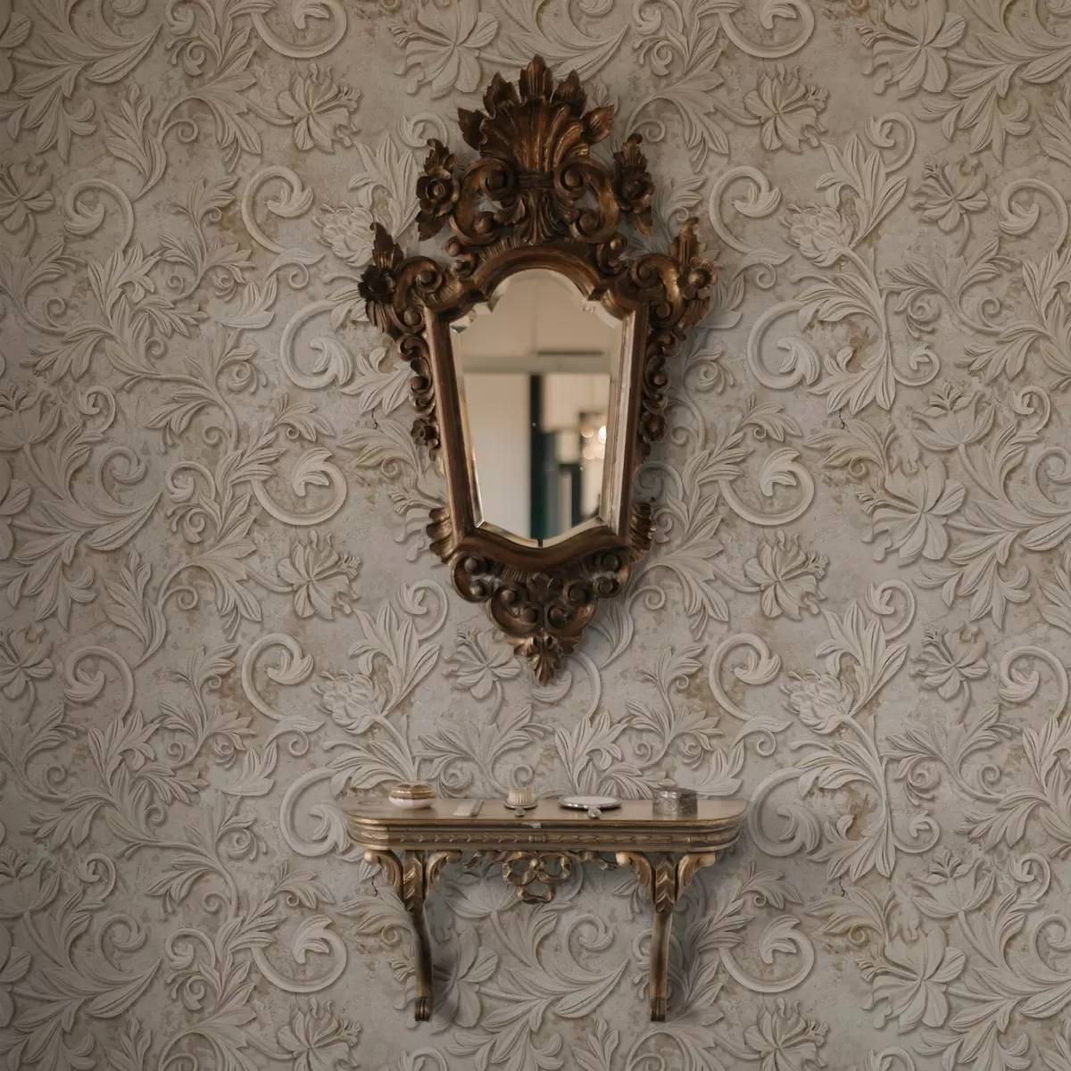 Tapetai Akmens reljefas su gėlių ornamentais, senovinis smėlio spalvos a00784