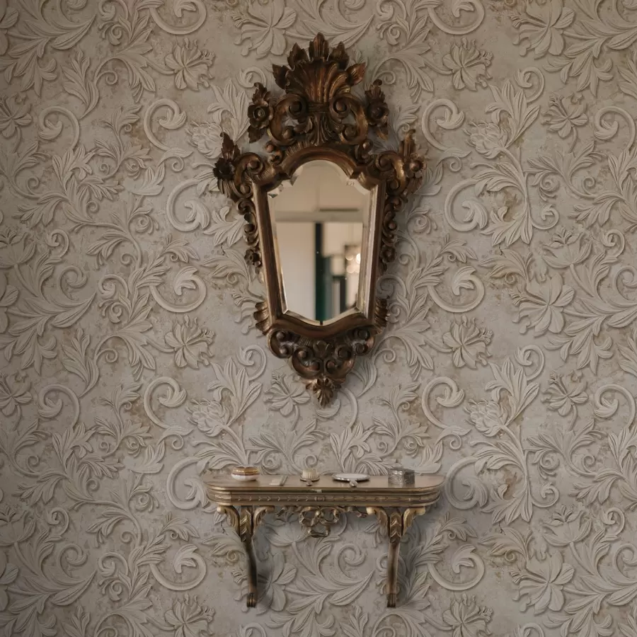 Fototapetai Akmens reljefas su gėlių ornamentais, senovinis smėlio spalvos a00784