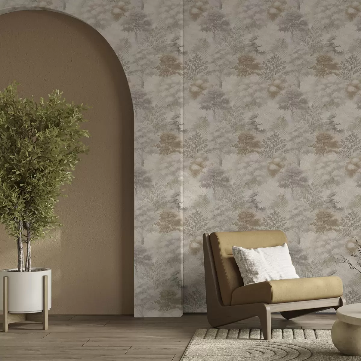 Tapetai Švelnus miškas rūke, švelnūs smėlio-pilkos spalvos atspalviai a00785