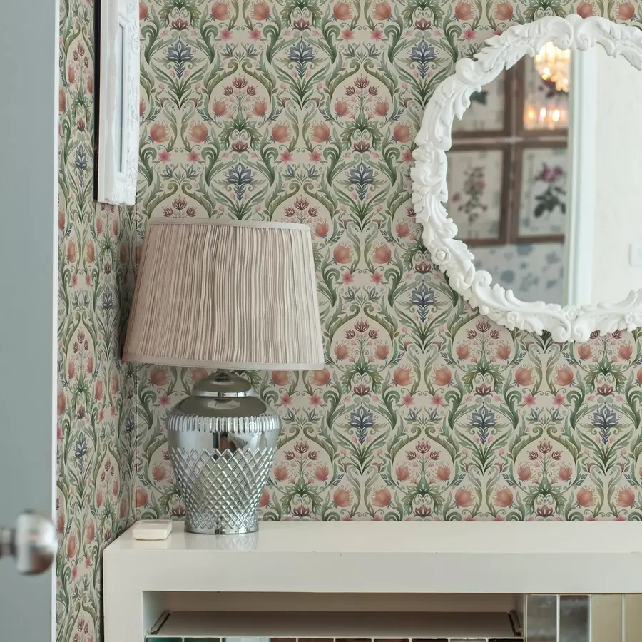 Fototapetai Simetriškas gėlių ornamentas, terakota ir žalia spalva a00827