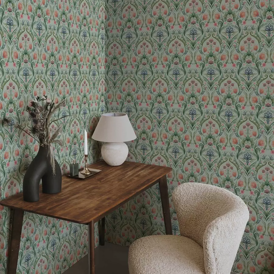 Fototapetai Simetriškas gėlių ornamentas, mėtų-kreminė spalvų paletė a00827v1