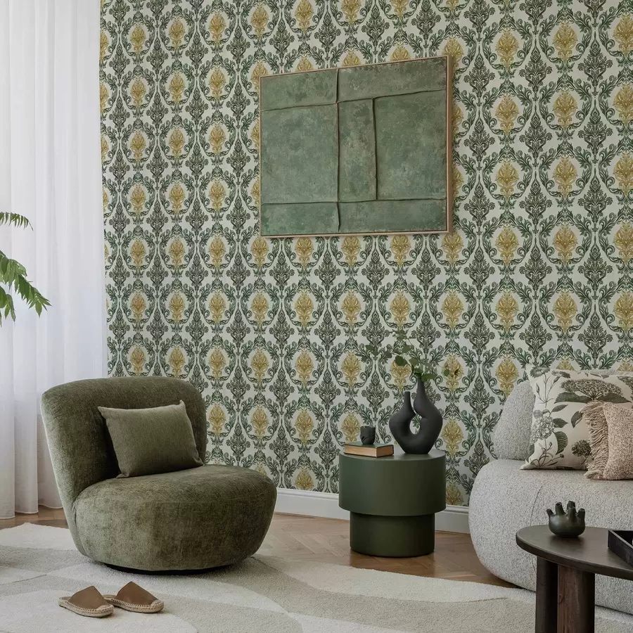 Fototapetai Damaskas su žaliais raštais ant šviesaus fono a00828v1