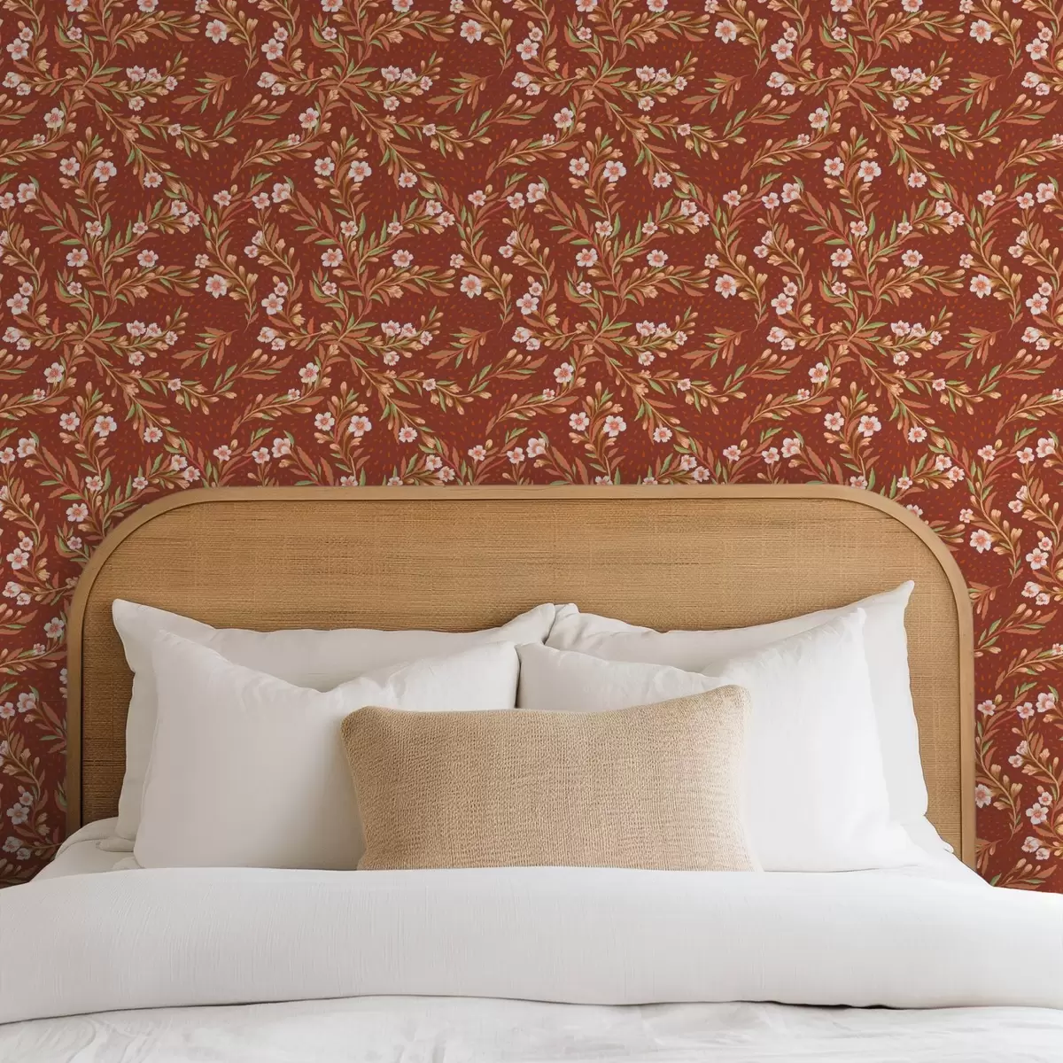 Fototapetai Terakotos fone plaukiojančios šakos su baltomis gėlėmis a00850v1