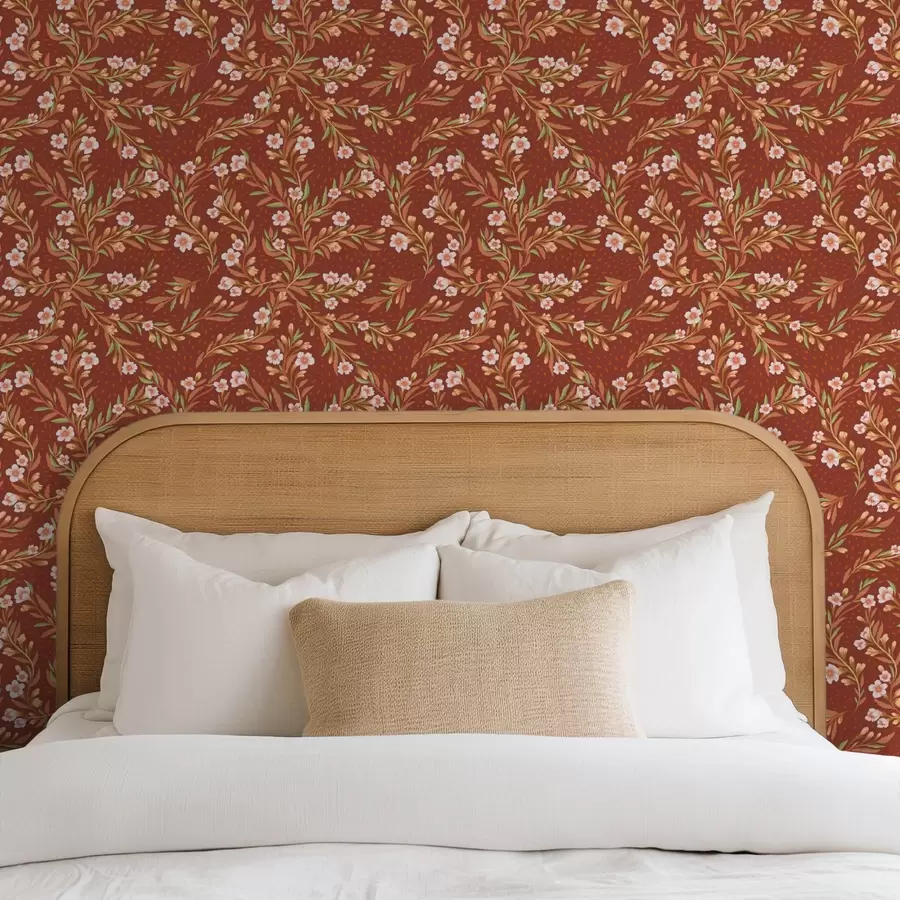 Fototapetai Terakotos fone plaukiojančios šakos su baltomis gėlėmis a00850v1