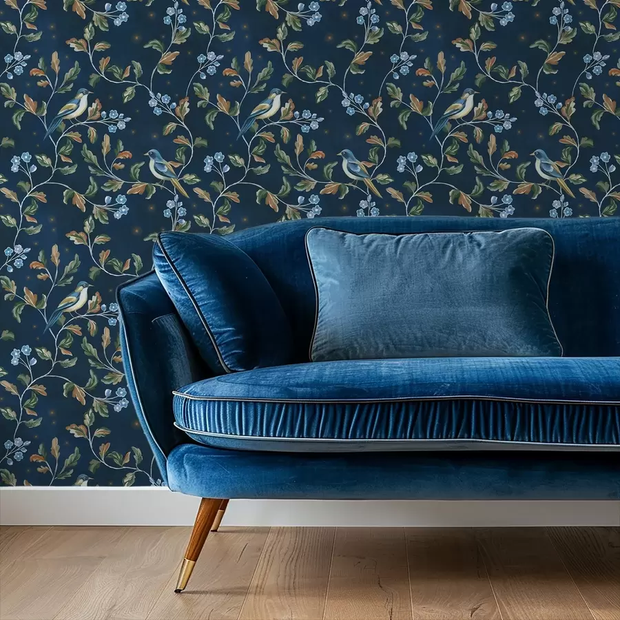 Fototapetai Kūgeliai ant šakų, nakties mėlynas fonas su kibirkštimis a00858