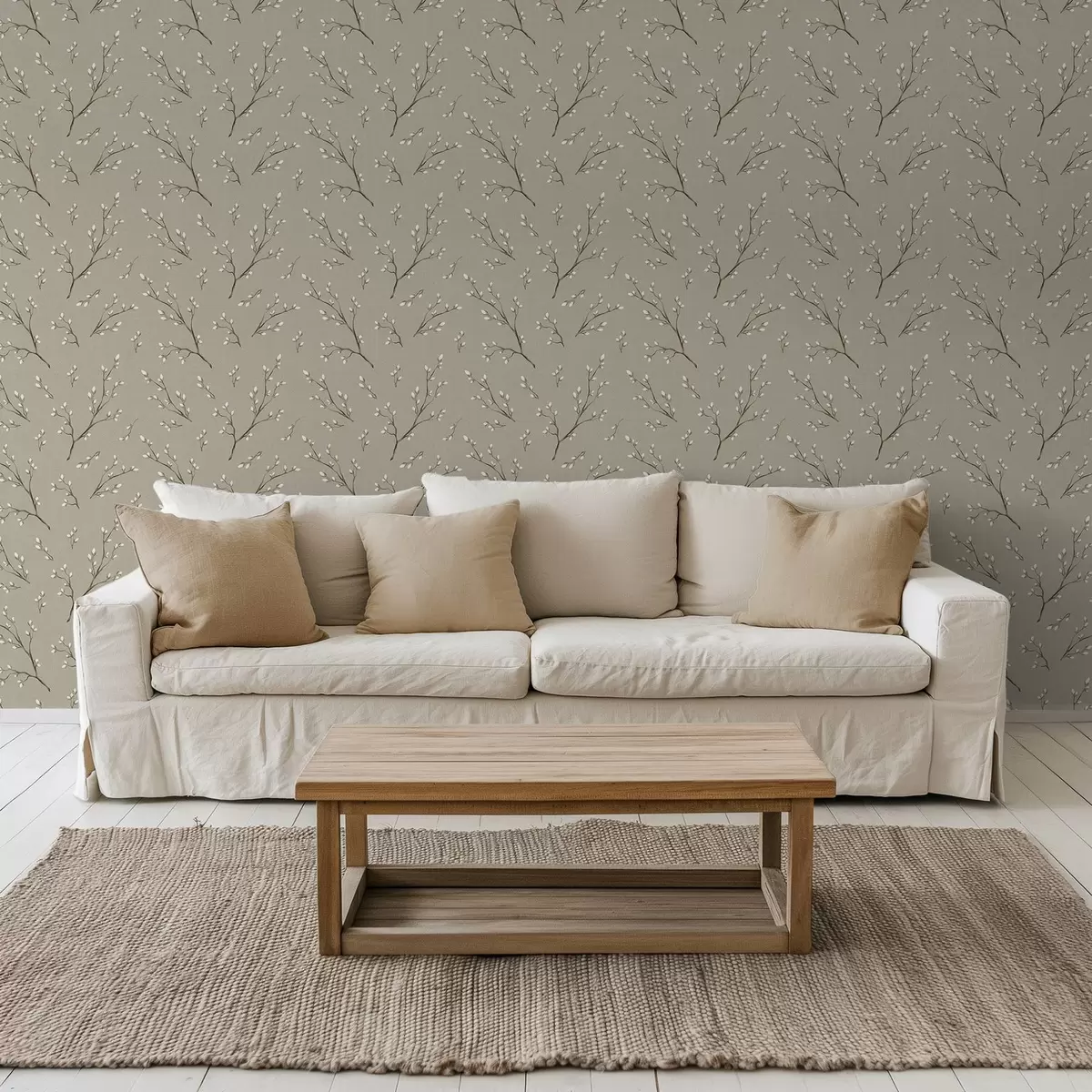 Fototapetai Šakelės su baltais pumpurais ant lino taupe fono a00861