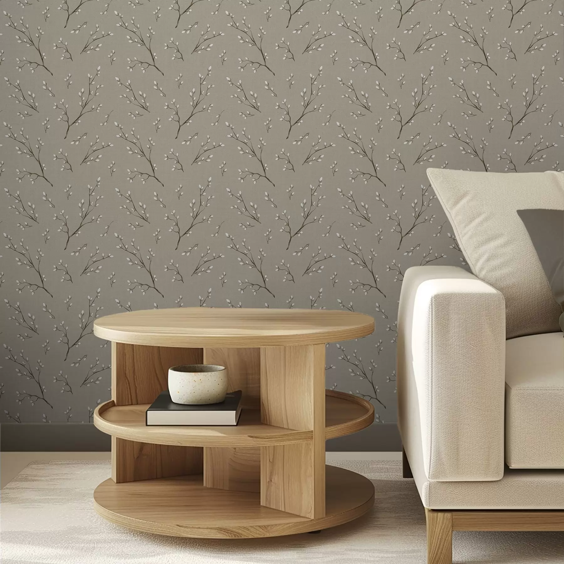 Fototapetai Šakelės su baltais pumpurais ant lino taupe fono a00861