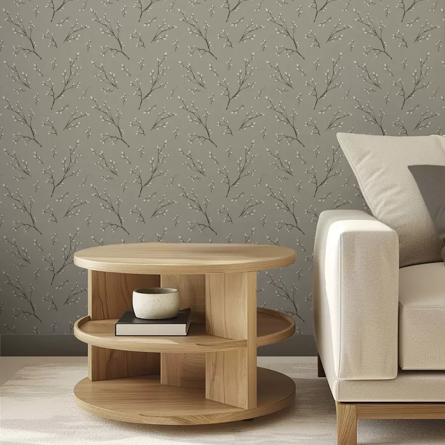 Fototapetai Šakelės su baltais pumpurais ant lino taupe fono a00861