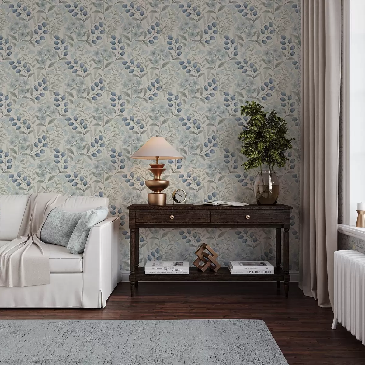 Fototapetai Mėlynos uogos ir šviesios gėlės ant dramblio kaulo spalvos fono a00872