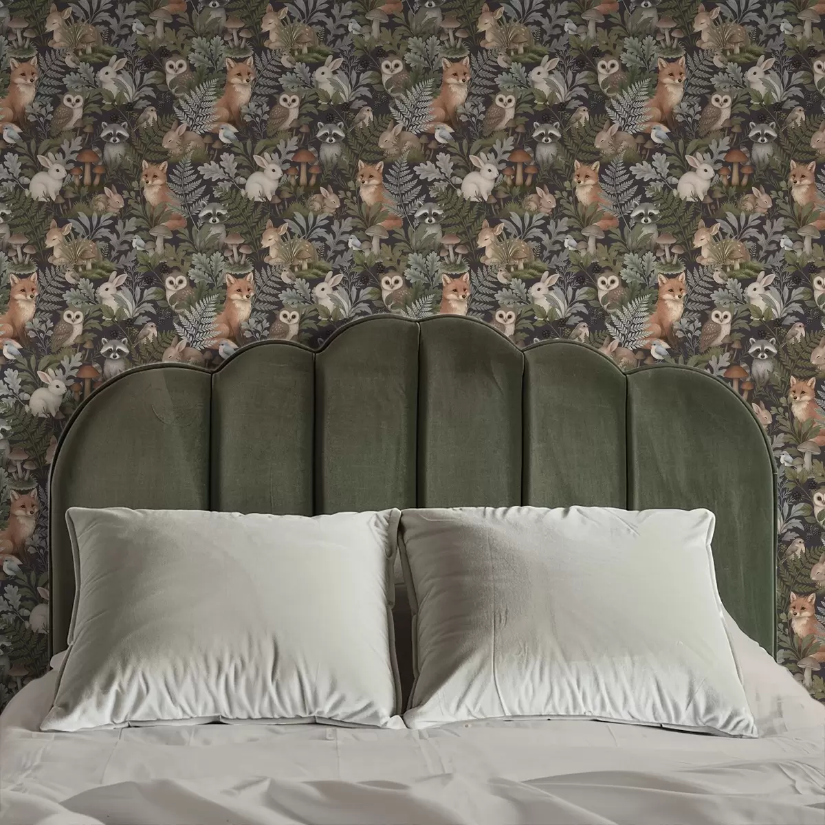 Fototapetai Miško gyvūnai ir paparčiai ant tamsiai anglies spalvos fono a00880