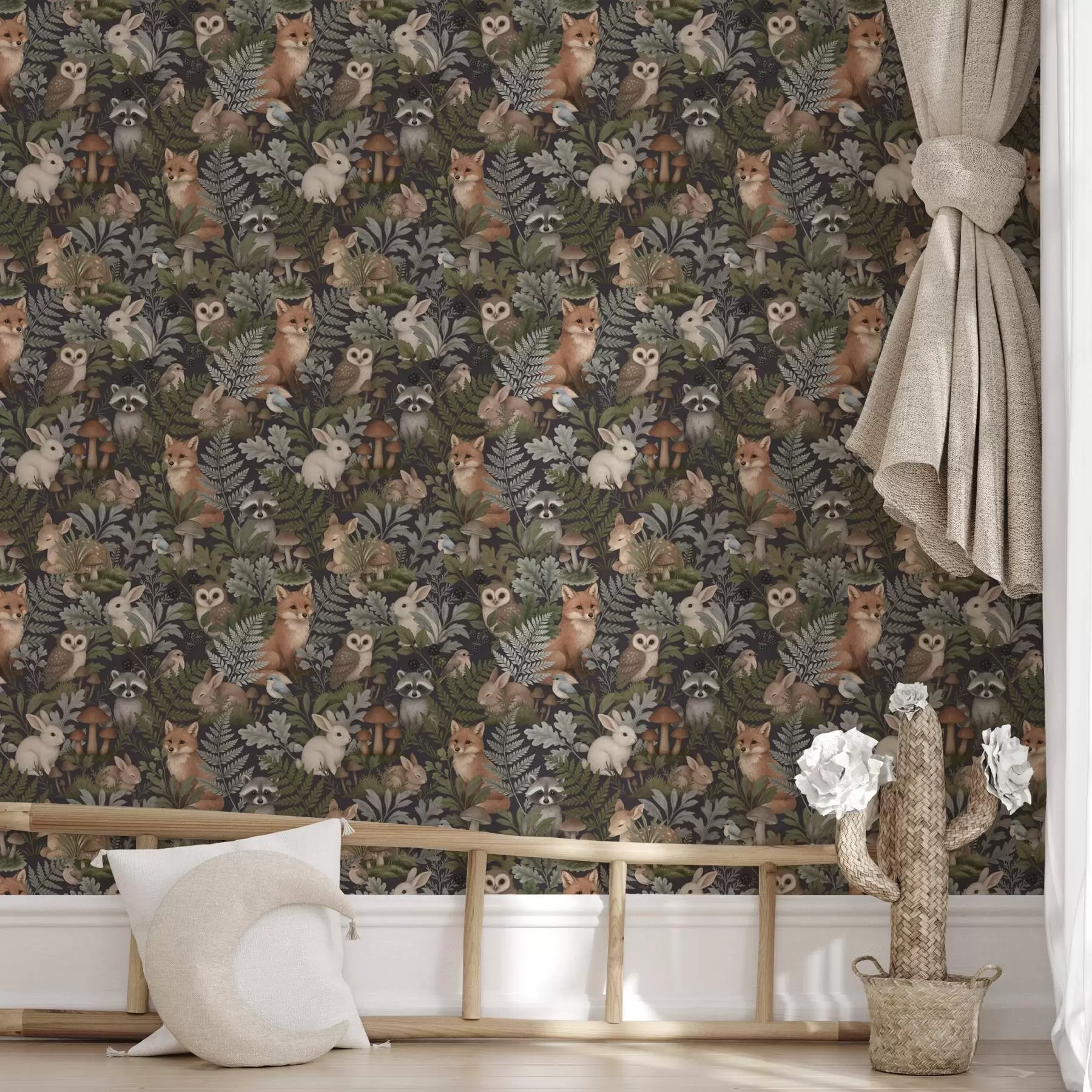 Fototapetai Miško gyvūnai ir paparčiai ant tamsiai anglies spalvos fono a00880