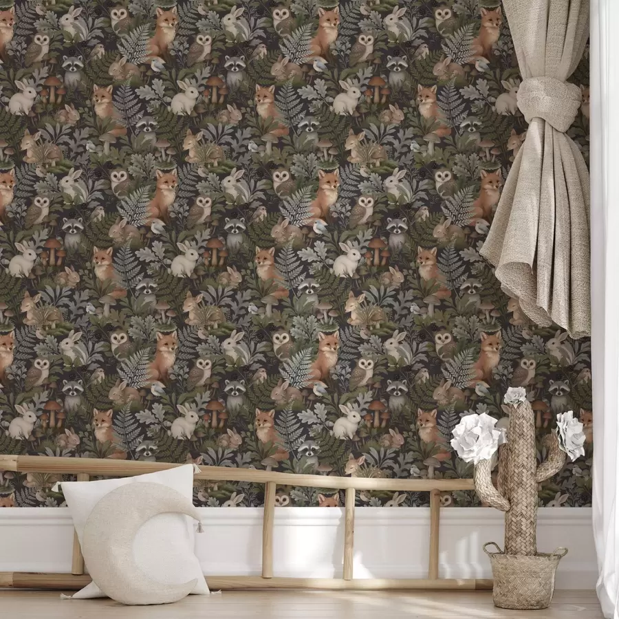 Fototapetai Miško gyvūnai ir paparčiai ant tamsiai anglies spalvos fono a00880