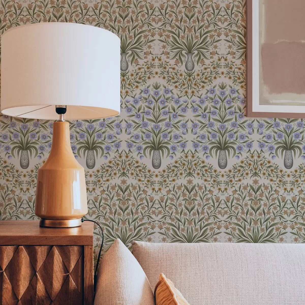 Fototapetai Liaudies vazos su mėlynais žiedais ir alyvuogių lapais ant rausvos spalvos fono a00900