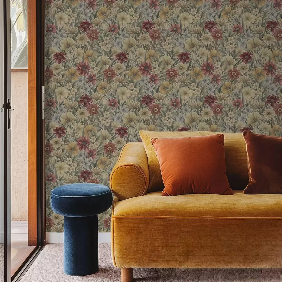 Fototapetai Vintage pievos žydi šiltais geltonais, raudonais ir šalavijų atspalviais a00906