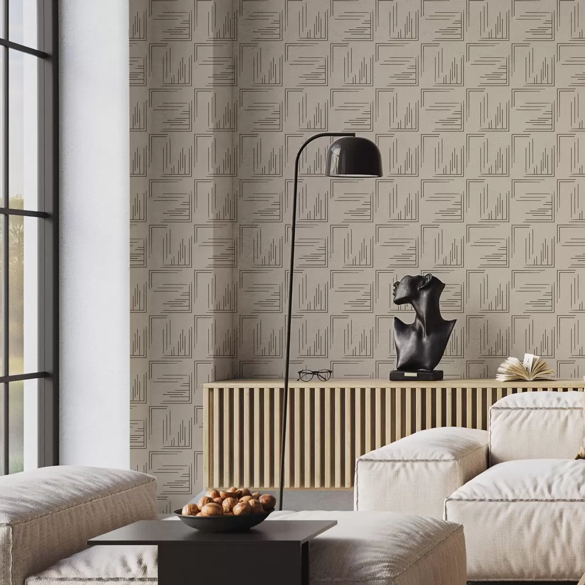 Fototapetai Didelės kakavos kampinės kvadratinės formos su įvairiais linijų užpildais, smėlio spalvos a00913