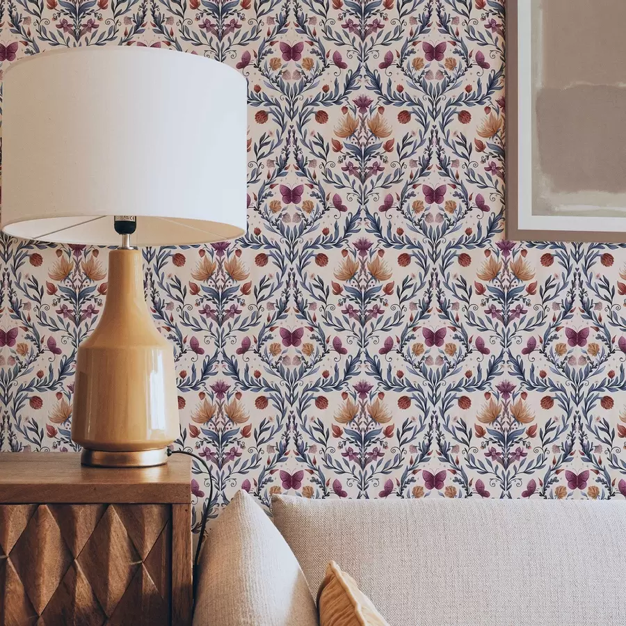 Fototapetai Gėlių damastas su drugeliais ant švelnaus persikų fono a00926