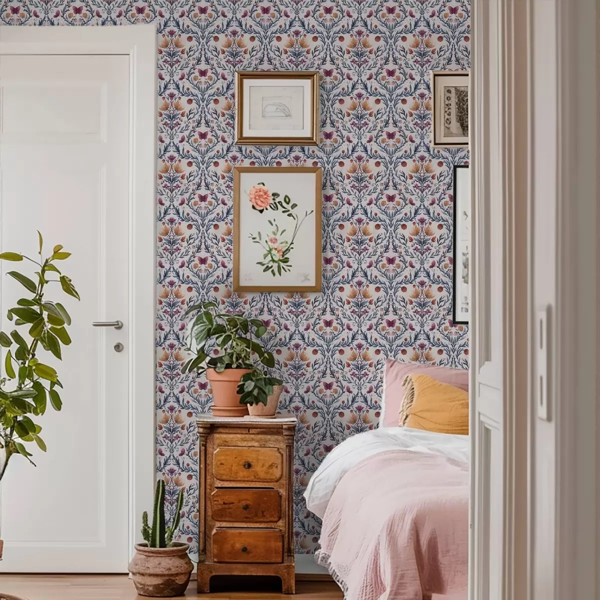 Fototapetai Gėlių damastas su drugeliais tamsiai mėlynos ir terakotos spalvos ant balto fono a00926v1