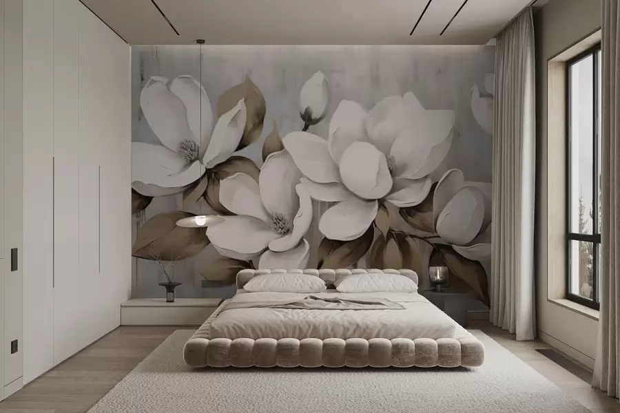 Fototapetai Didelės magnolijos žiedai su rusvos spalvos lapais ant šepečiuoto fono w04785