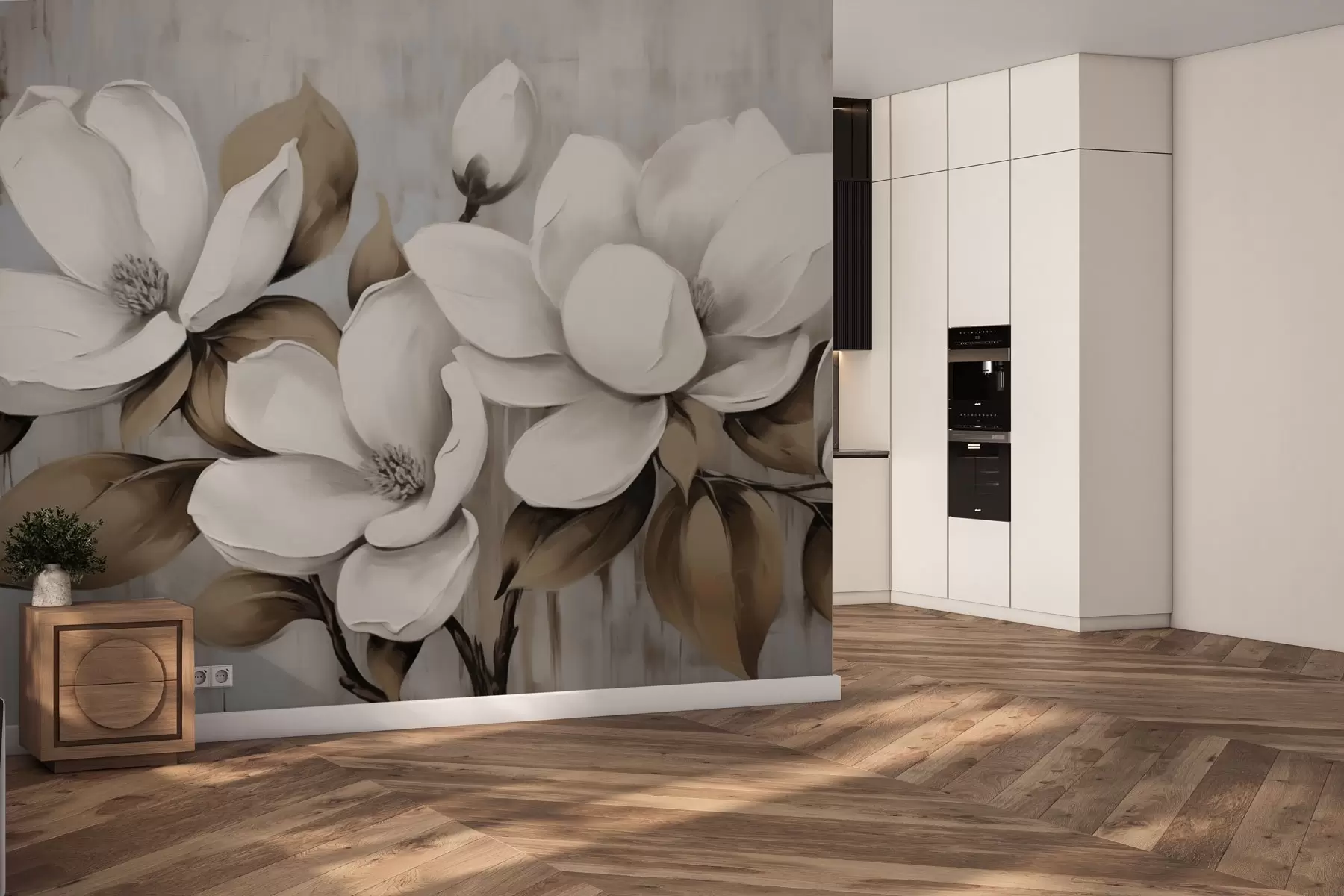 Fototapetai Didelės magnolijos žiedai su rusvos spalvos lapais ant šepečiuoto fono w04785