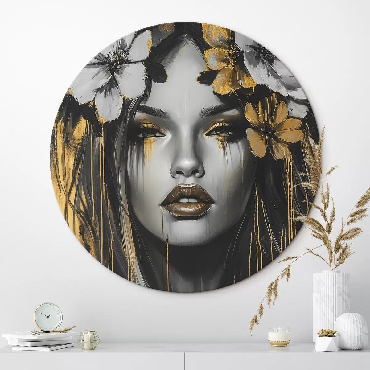 Apvalūs paveikslai Abstraktus moters portretas su gėlėmis r46454