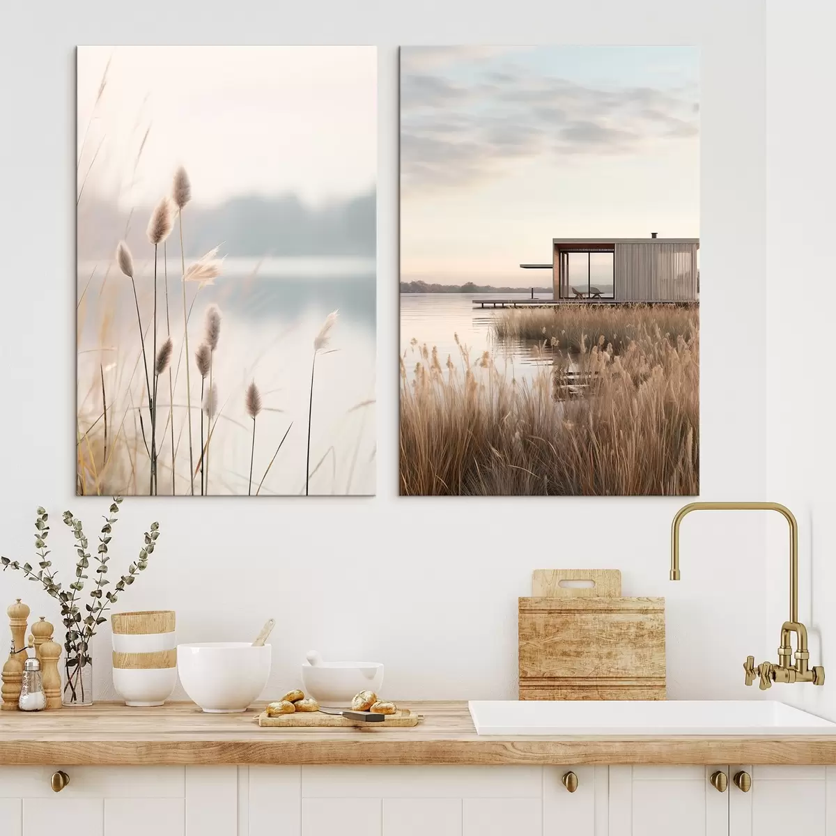 Paveikslėlis Minkšti nendrės prie ramaus ežero ir moderni kabina krante m00970